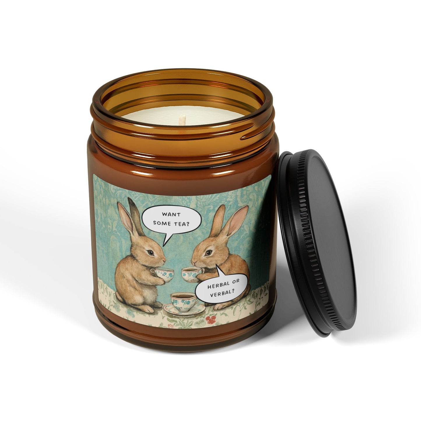 Want Some Tea? Herbal or Verbal? Scented Soy Candle - Amber Jar with Adorable Bunny Design, Home Decor, Gift for Her, Relaxation, Aromatherapy, Easter