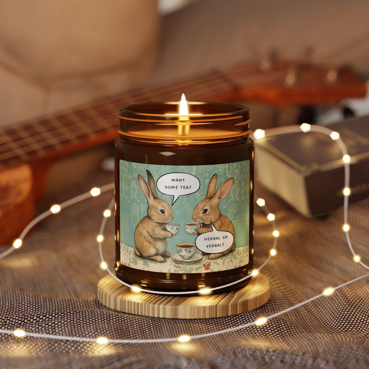 Want Some Tea? Herbal or Verbal? Scented Soy Candle - Amber Jar with Adorable Bunny Design, Home Decor, Gift for Her, Relaxation, Aromatherapy, Easter