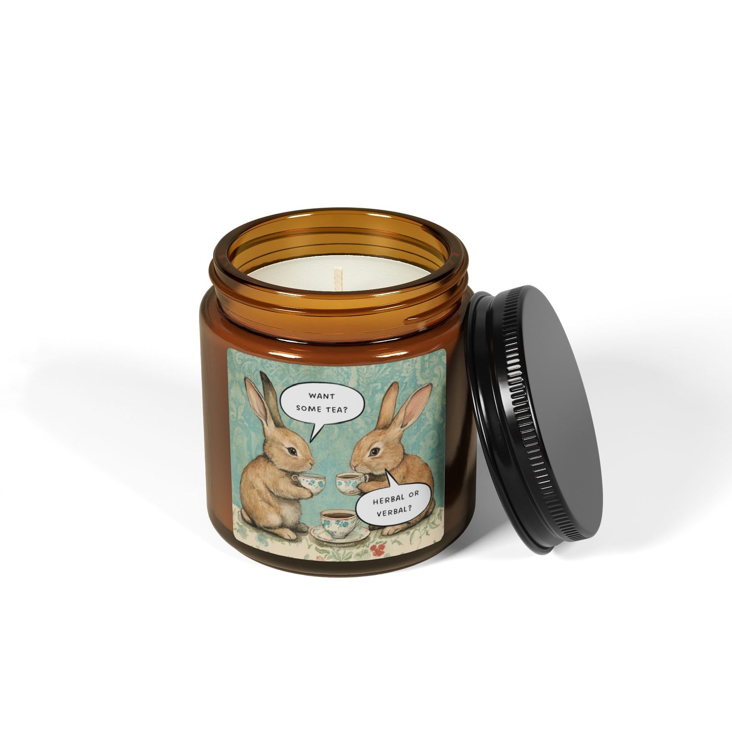 Want Some Tea? Herbal or Verbal? Scented Soy Candle - Amber Jar with Adorable Bunny Design, Home Decor, Gift for Her, Relaxation, Aromatherapy, Easter