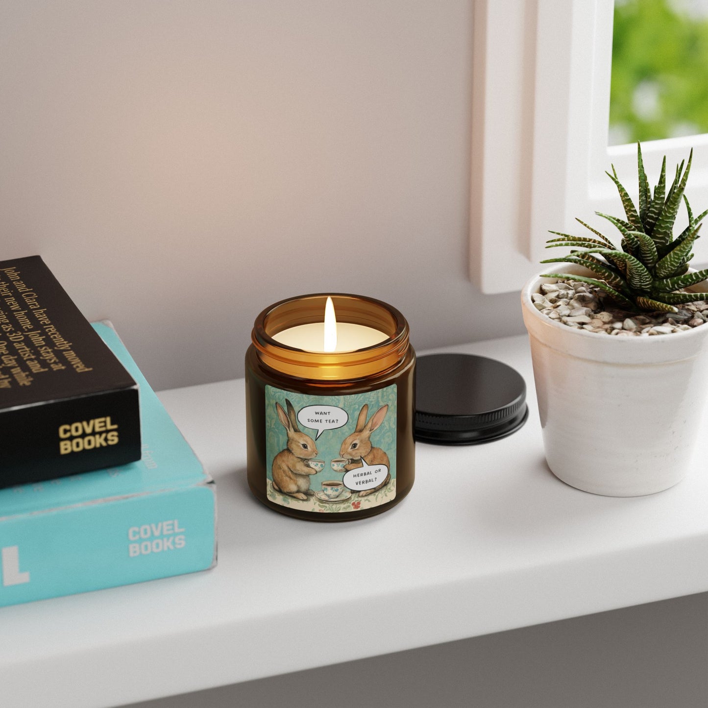 Want Some Tea? Herbal or Verbal? Scented Soy Candle - Amber Jar with Adorable Bunny Design, Home Decor, Gift for Her, Relaxation, Aromatherapy, Easter