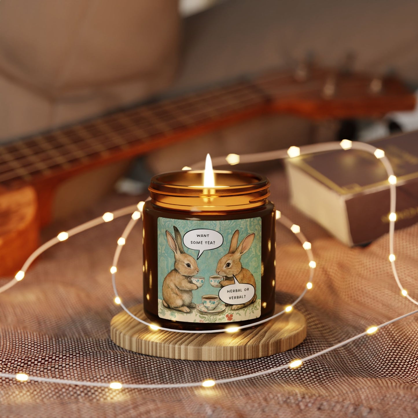 Want Some Tea? Herbal or Verbal? Scented Soy Candle - Amber Jar with Adorable Bunny Design, Home Decor, Gift for Her, Relaxation, Aromatherapy, Easter