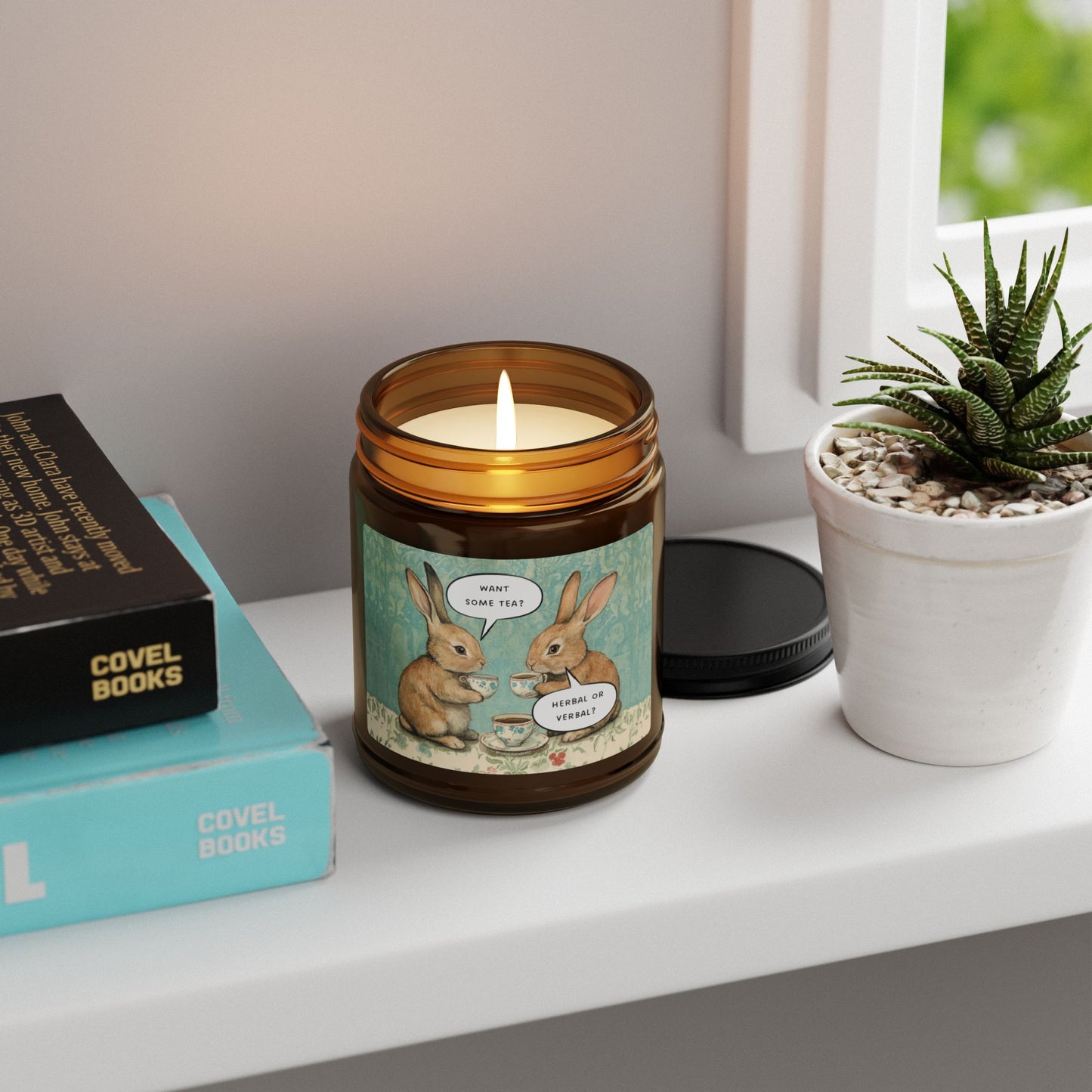 Want Some Tea? Herbal or Verbal? Scented Soy Candle - Amber Jar with Adorable Bunny Design, Home Decor, Gift for Her, Relaxation, Aromatherapy, Easter