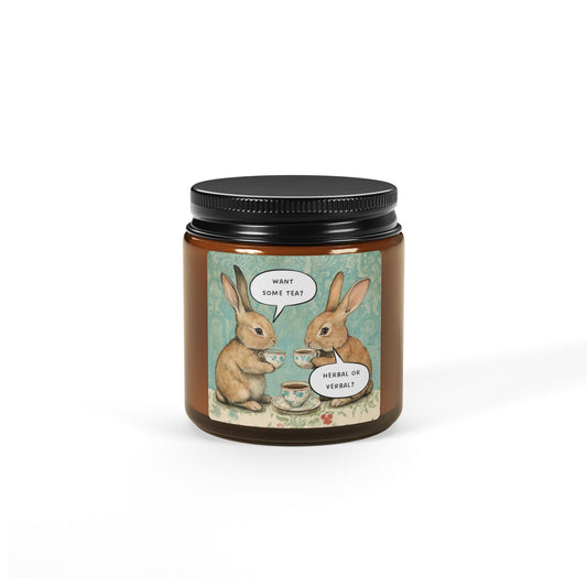 Want Some Tea? Herbal or Verbal? Scented Soy Candle - Amber Jar with Adorable Bunny Design, Home Decor, Gift for Her, Relaxation, Aromatherapy, Easter